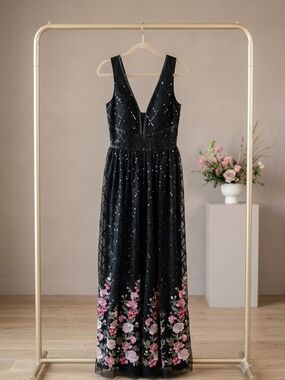 Trixxi Black Maxi Dress with Pink Floral Hem Embroidery